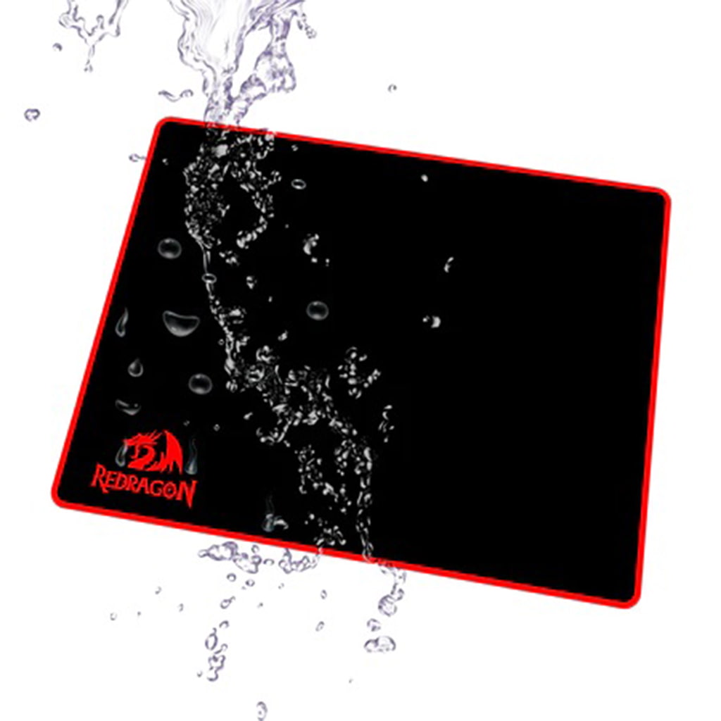 Redragon P002 Archelon Black Gaming Mousepad demonstrating its water-resistant surface with splashing water