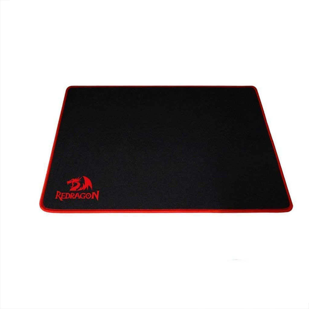 Full view of the Redragon P002 Archelon Black Gaming Mousepad with red stitched edges and the Redragon logo