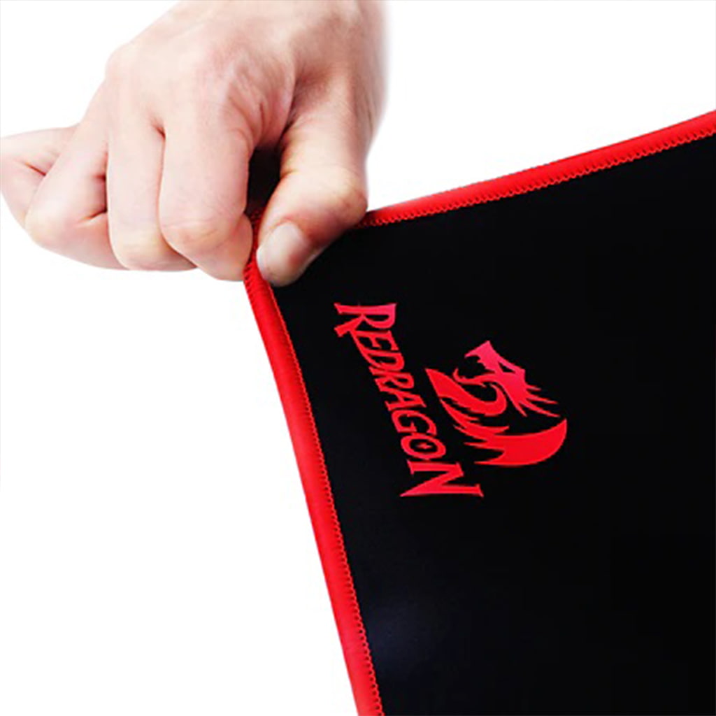 Hand demonstrating the flexibility of the Redragon P002 Archelon Black Gaming Mousepad with red stitching and logo