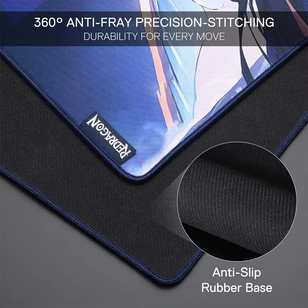 Mouse pad with text highlighting anti-fray precision-stitching and durability, featuring the brand 'Redragon'.
