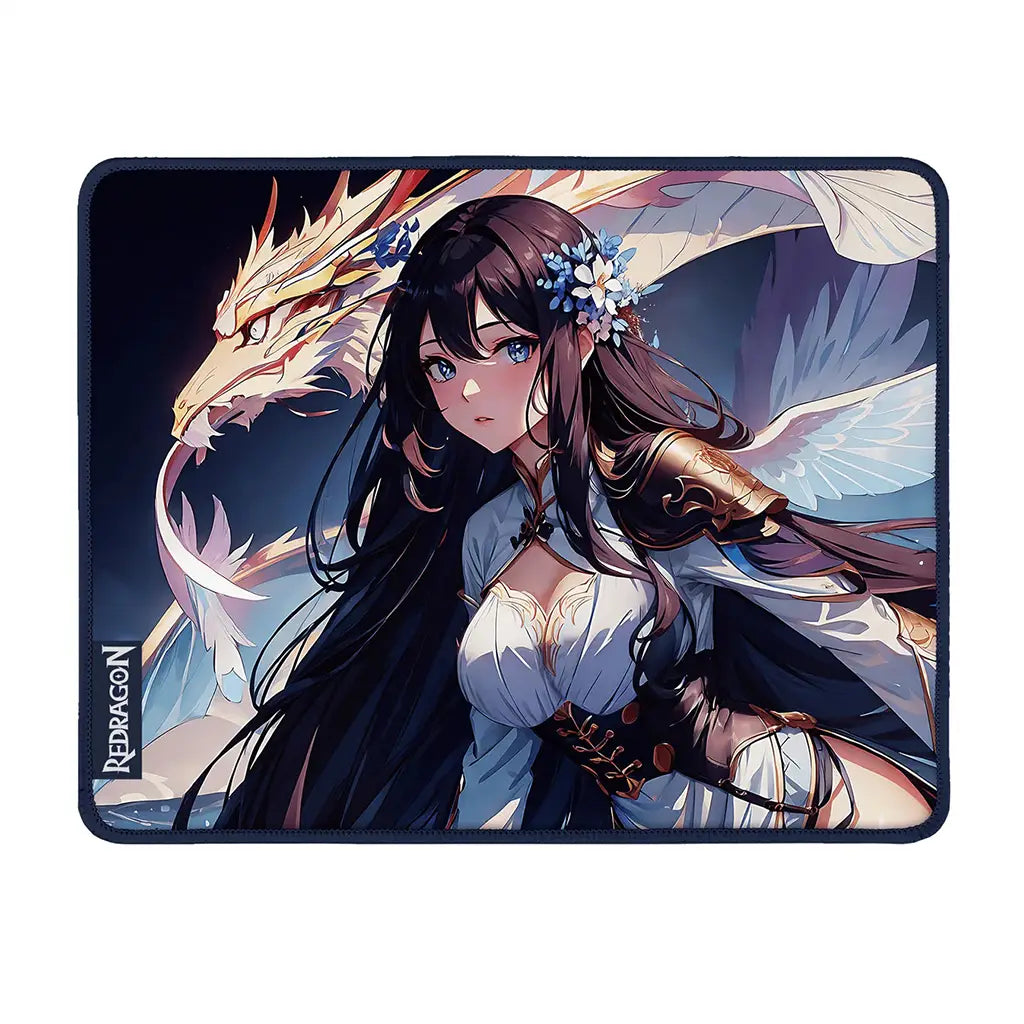 Mouse pad with an anime-style design of a woman with a dragon and floral elements, featuring the brand 'Redragon'.