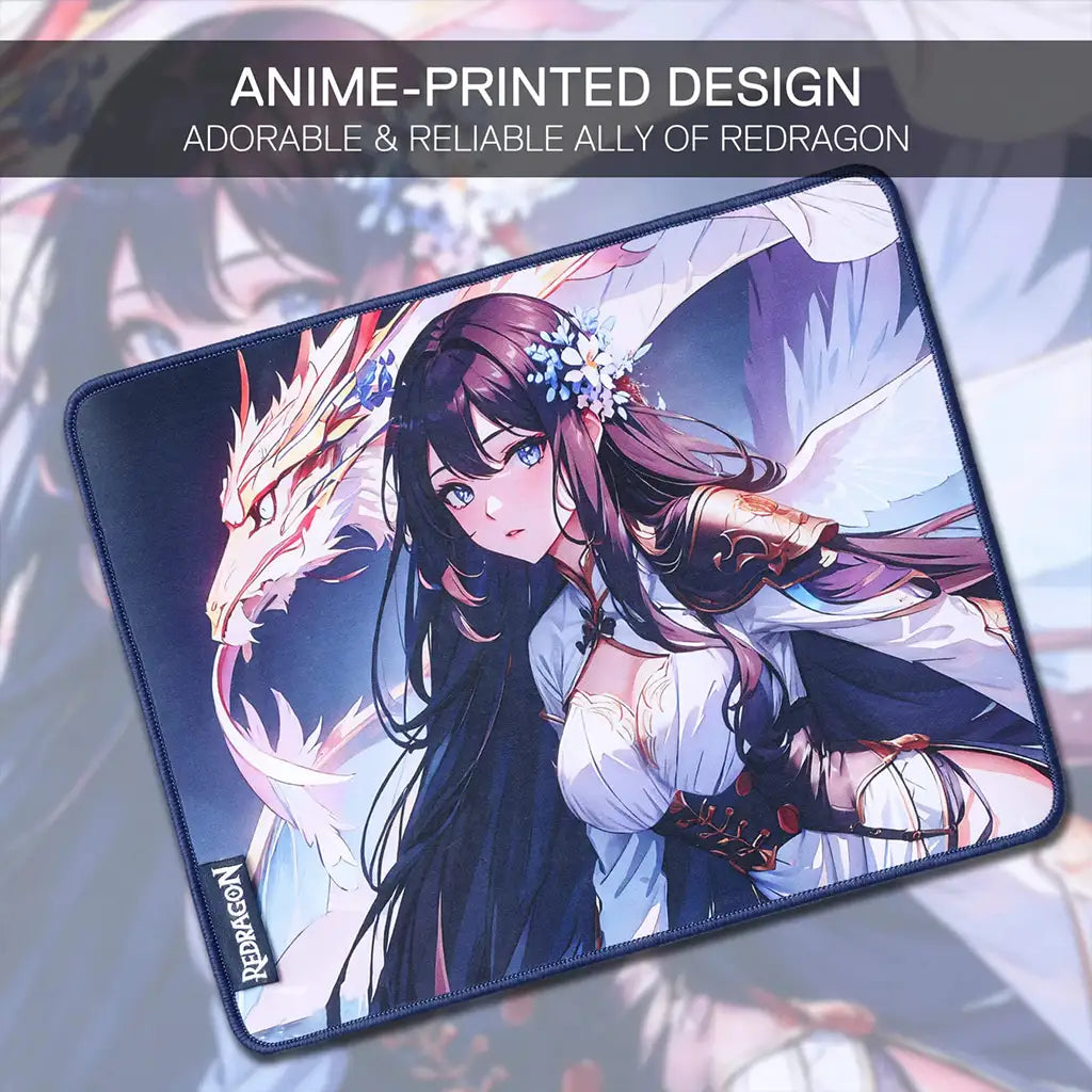 Mouse pad with anime-style design of a character holding a dragon, on a gradient background.