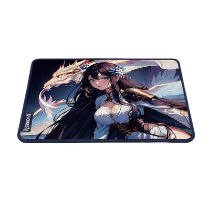Mouse pad with anime-style design of a girl with a dragon on a white background