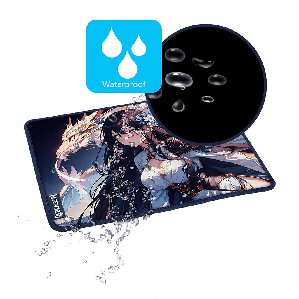 Mouse pad with anime design and waterproof feature indicated by droplet symbol