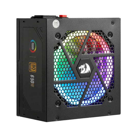 Computer power supply unit with RGB lighting on a white background
