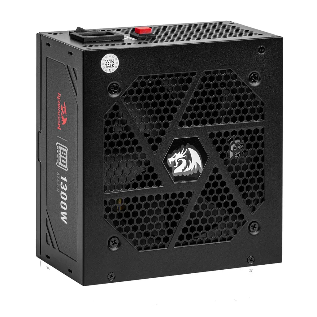 Black power supply unit with a brand logo on a white background