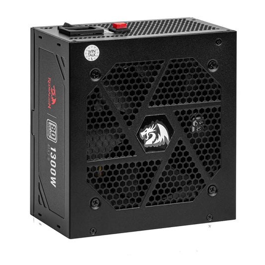 Black power supply unit with a brand logo on a white background