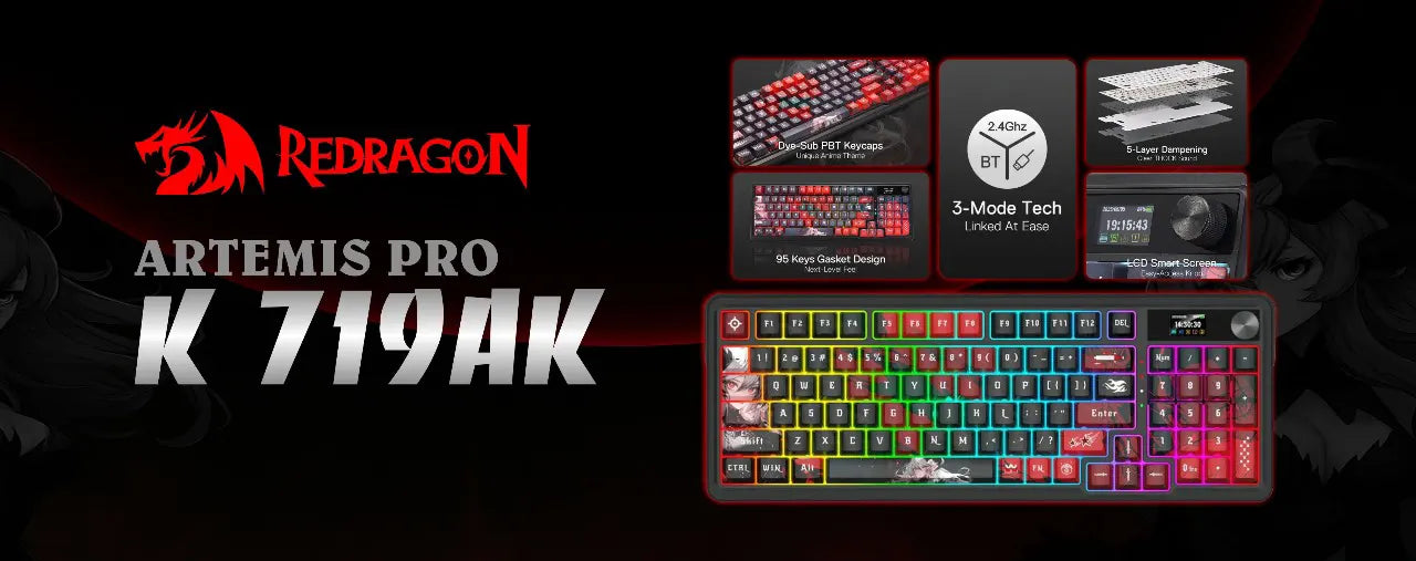 Redragon Artemis Pro K 719AK keyboard with product images and features on a dark background