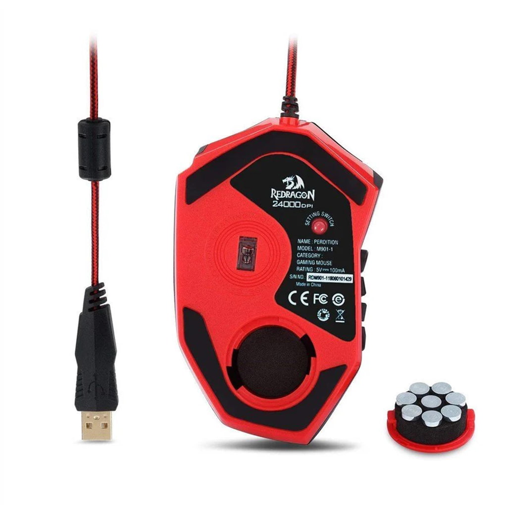 Redragon Perdition 2 M901-1 wired RGB gaming mouse, back view showcasing  24000 DPI, weight on the underside & durable braided cable