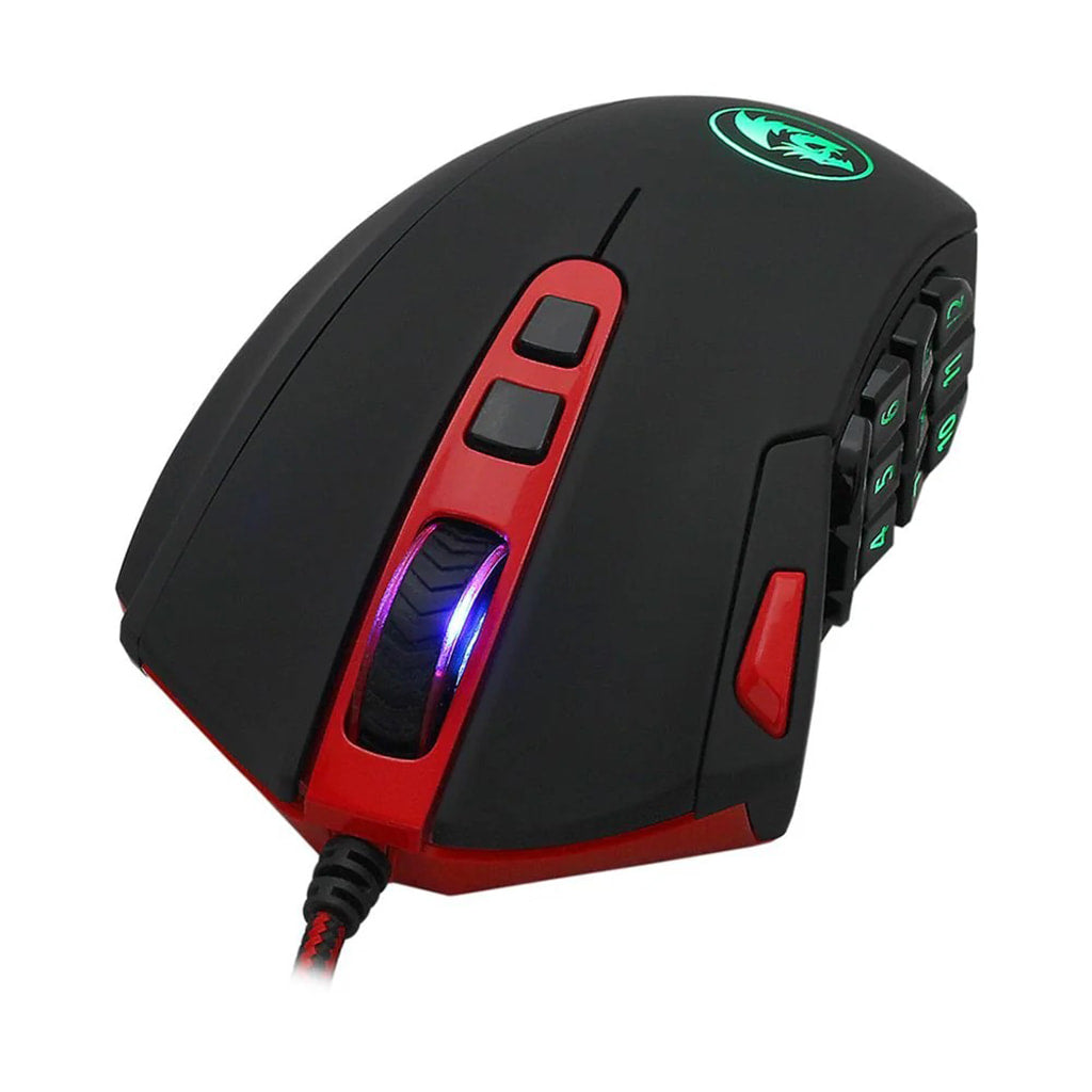 Redragon Perdition 2 M901-1 RGB Black gaming mouse from a front angle, showing the illuminated scroll wheel, top button