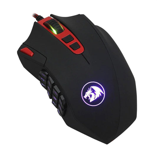Redragon Perdition 2 M901-1 RGB Black gaming mouse from the front, showing the scroll wheel, main buttons, DPI buttons, and red accents