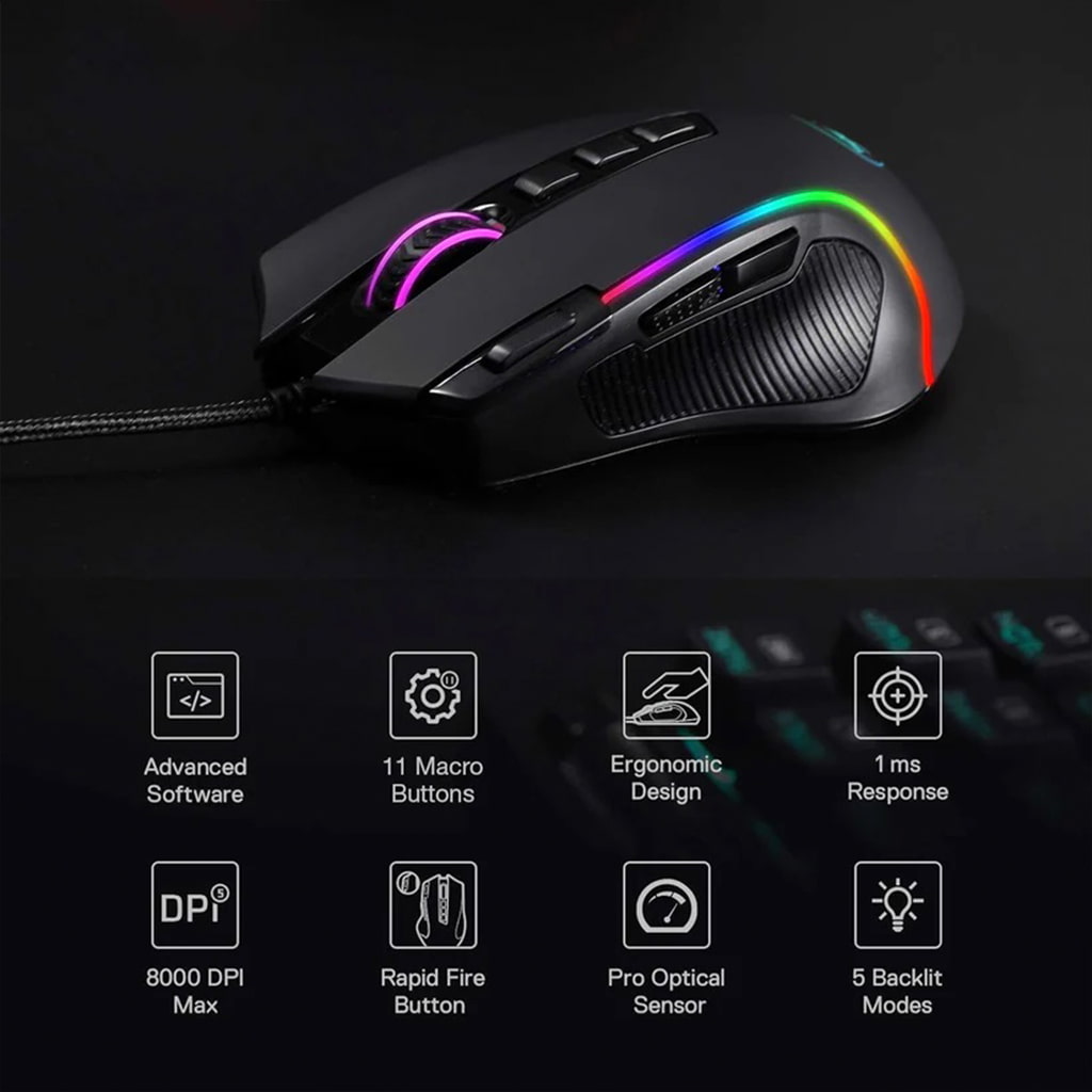 Black Redragon M612 Predator RGB Wired Gaming Mouse - Ergonomic, 8000 DPI, 11 Macro Buttons