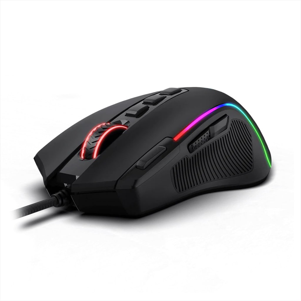 Redragon M612 Predator Black RGB Gaming Mouse from the right side, highlighting the textured grip and customizable RGB
