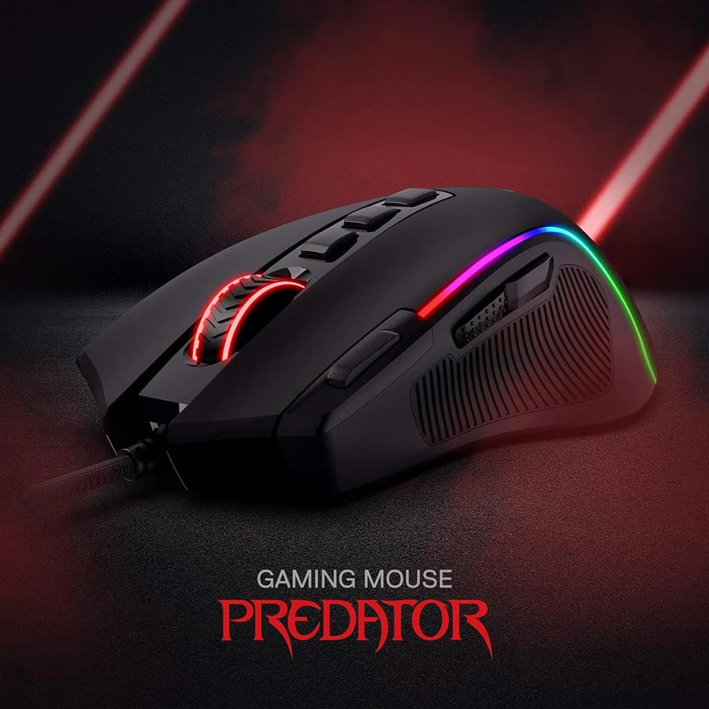 Redragon Predator M612 RGB gaming mouse in matte black, showing its ergonomic ribbed side grip, dual DPI adjustment buttons