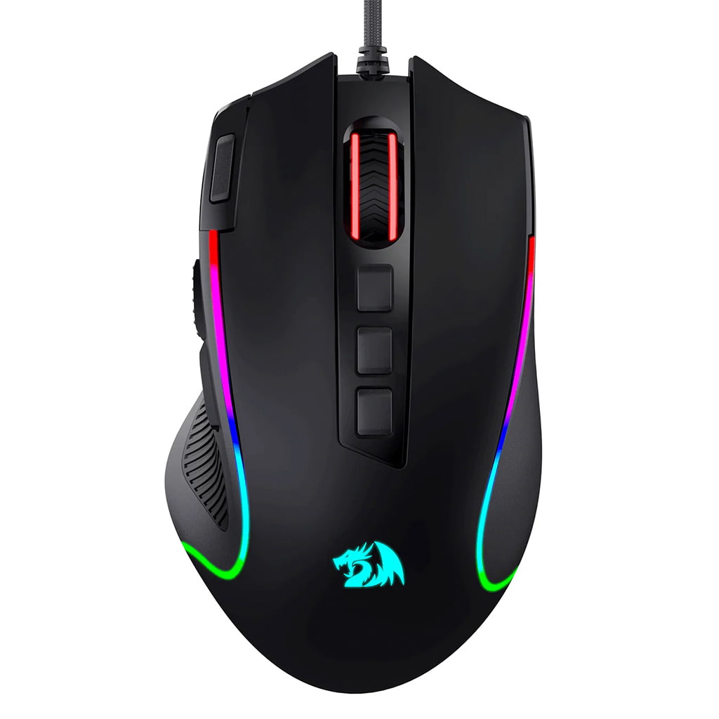 Overhead view of the Redragon Predator M612 Black RGB mouse, highlighting its symmetrical shape and programmable buttons