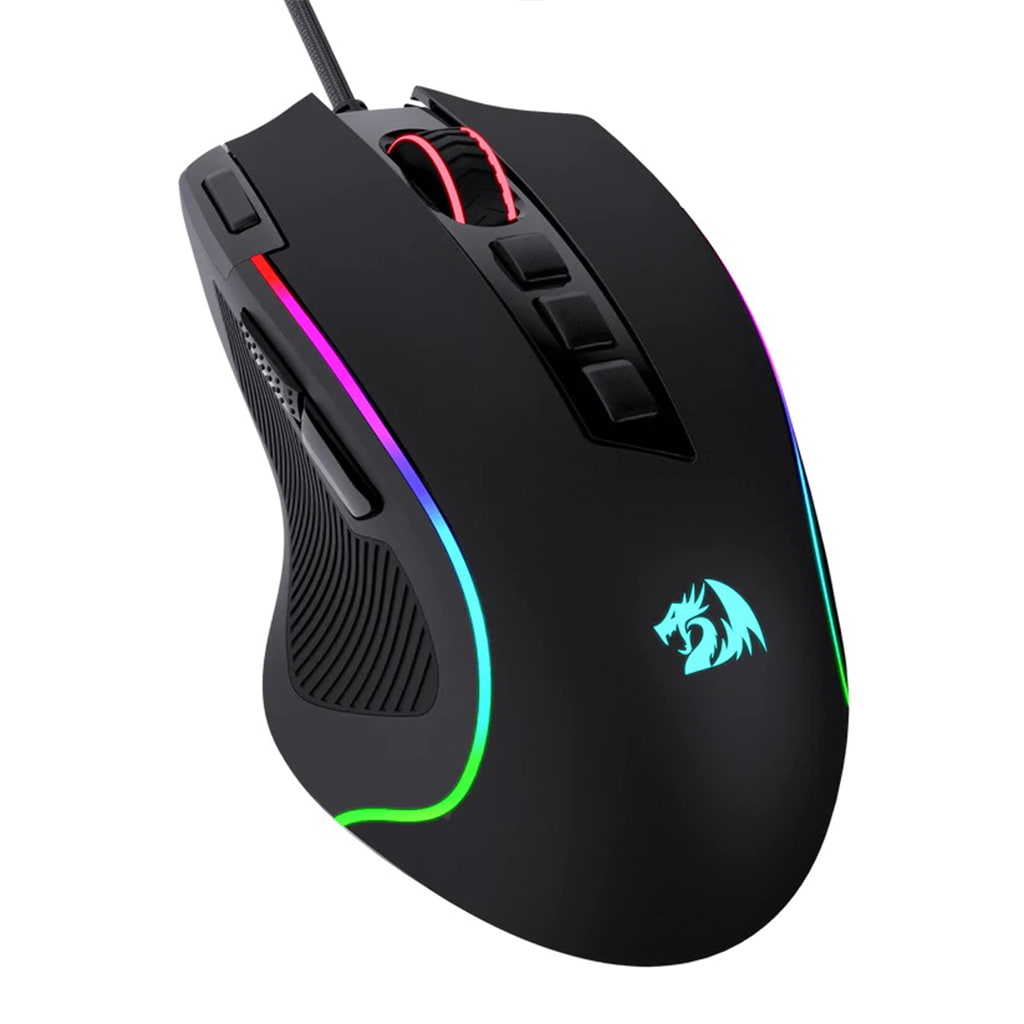 Black Redragon Predator M612 RGB Gaming Mouse (angled top view) showing illuminated scroll wheel, logo, and side accents