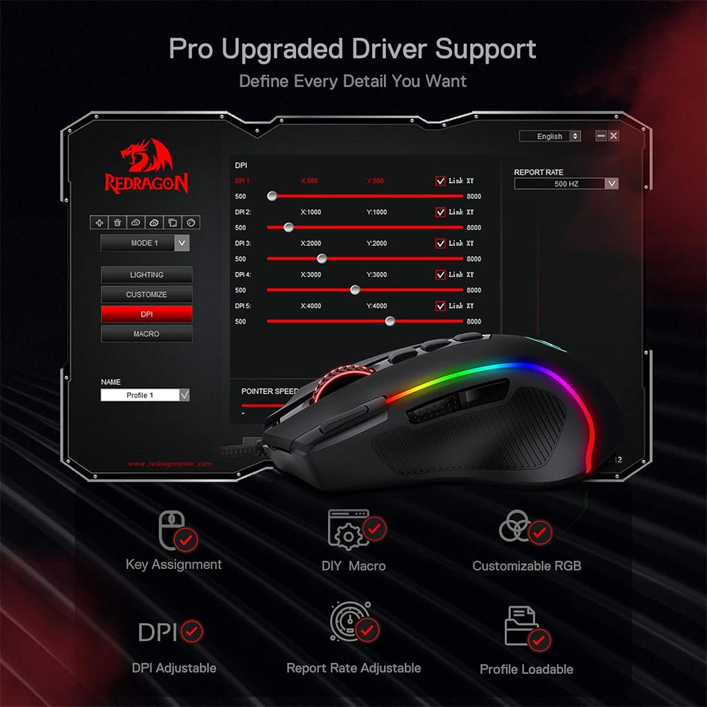 Redragon Predator M612 RGB Mouse with the Redragon software interface, highlighting customizable settings like DPI, macros, & RGB