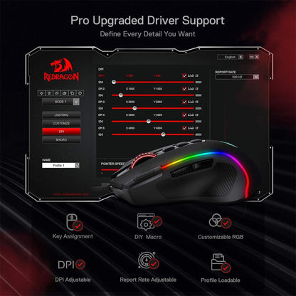 Redragon Predator M612 RGB Mouse with the Redragon software interface, highlighting customizable settings like DPI, macros, & RGB