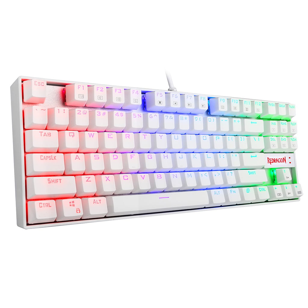 Sleek White Redragon K552W Kumara Mechanical RGB gaming keyboard showing colorful LED lighting from the left
