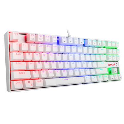Sleek White Redragon K552W Kumara Mechanical RGB gaming keyboard showing colorful LED lighting from the left
