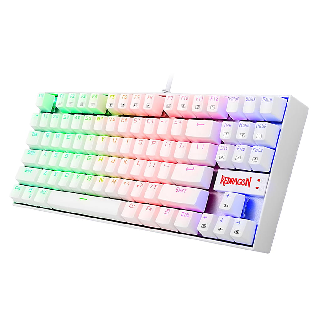 Front view of white Redragon K552W RGB mechanical gaming keyboard with colorful LED backlighting