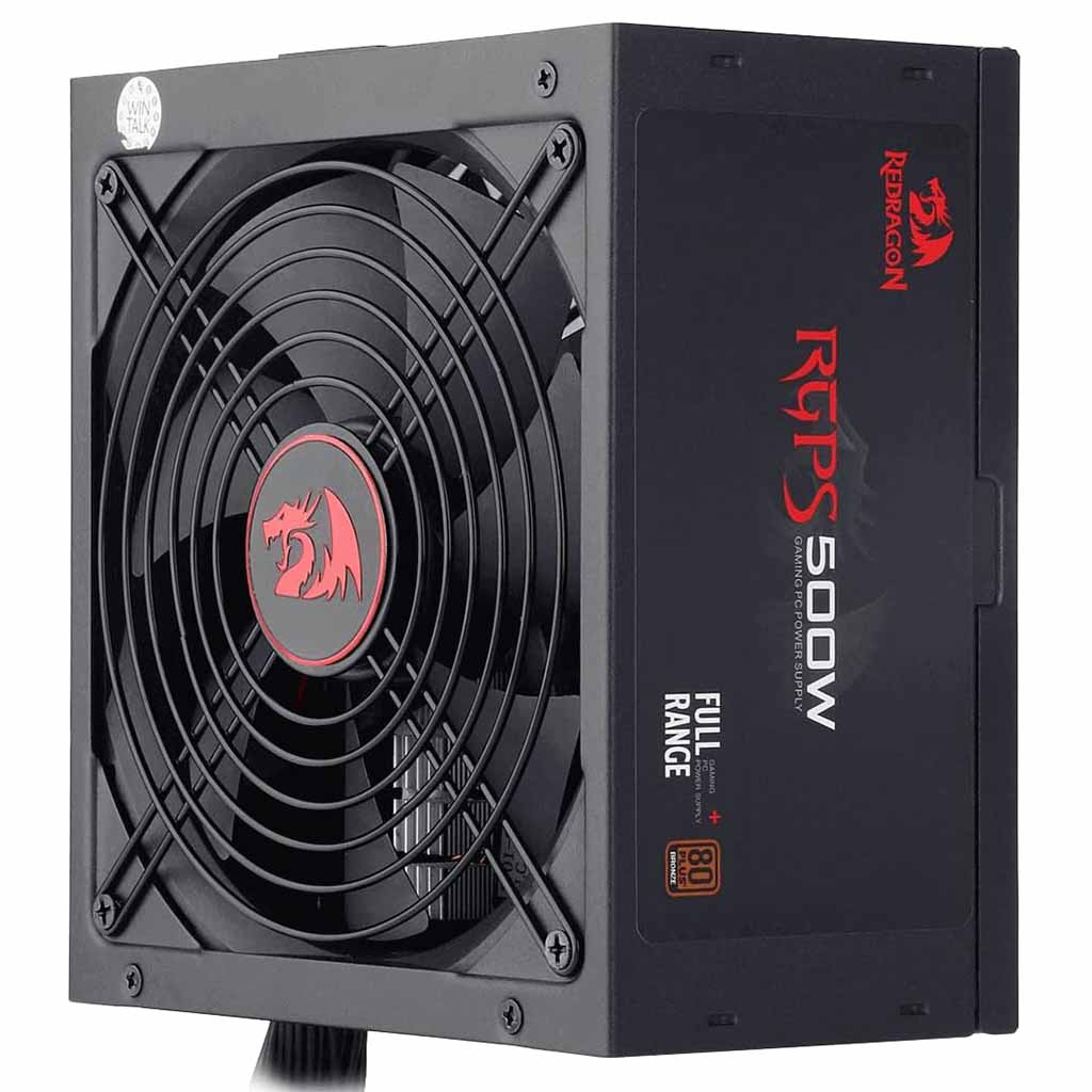 Power supply unit with fan and Redragon branding on a white background