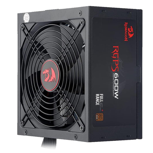 Front view of the Redragon RGPS 600W full range gaming power supply with 80 Plus Bronze certification and prominent Redragon logo