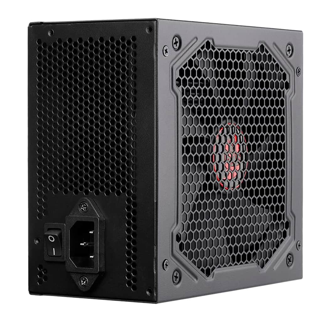 Redragon RGPS GC-PS005 700W 80 Plus Bronze Certified Fully Modular Power Supply showing power input, on/off switch & fan