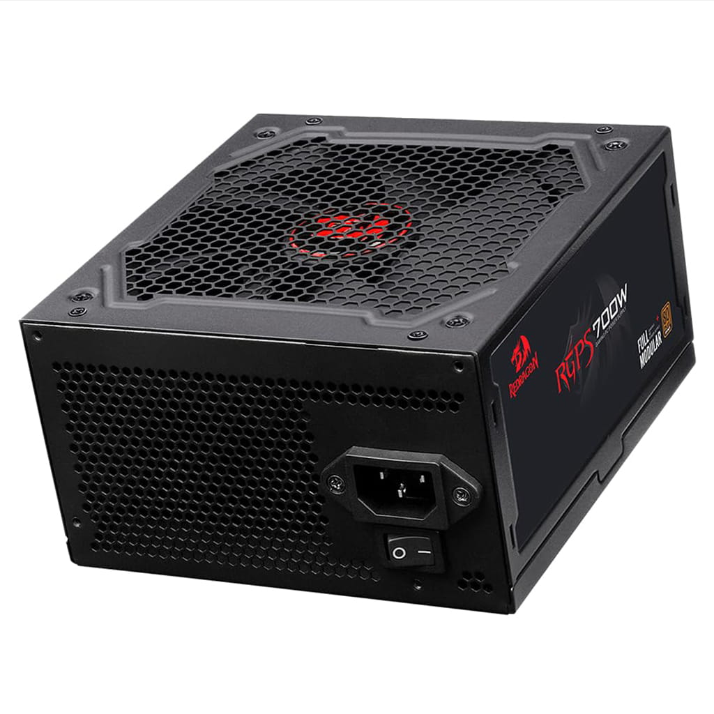 Black Redragon RGPS 700W power supply, featuring a top-mounted fan with a red dragon logo & visible power input, switch & side branding