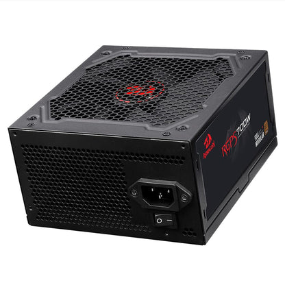Black Redragon RGPS 700W power supply, featuring a top-mounted fan with a red dragon logo & visible power input, switch & side branding