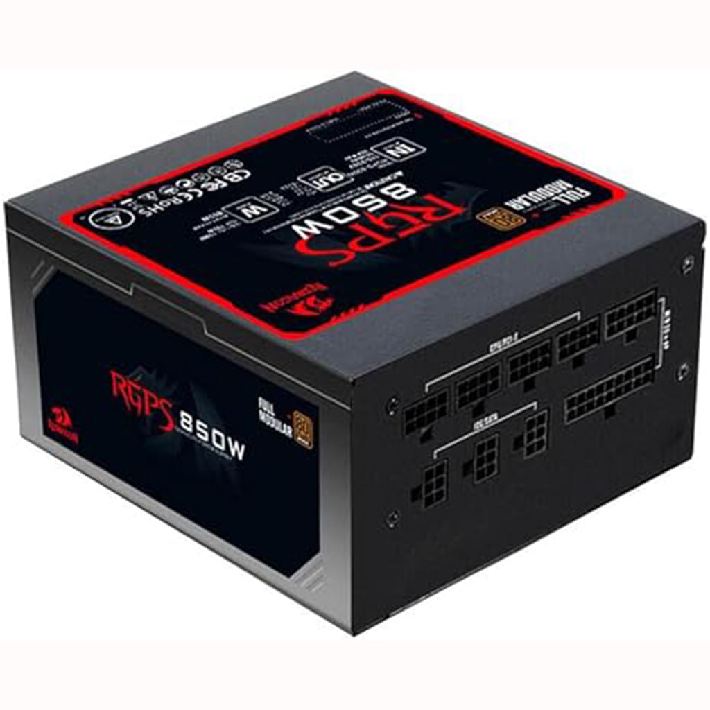 Close-up of Redragon GC-PS010 850W Fully Modular Power Supply's connection panel, displaying various labeled ports for power cables