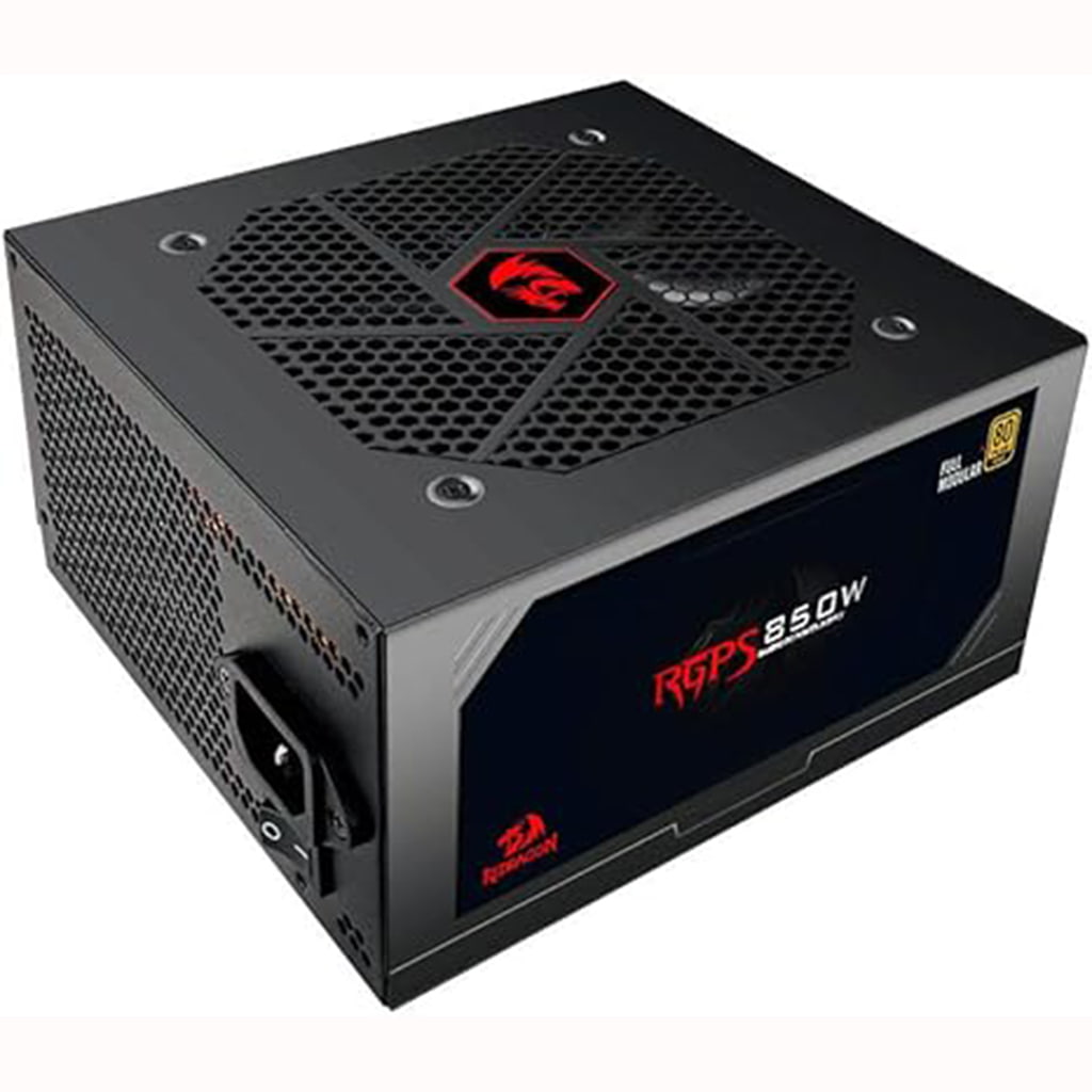 Redragon RGPS 850W power supply in black, displayed from a side angle, highlighting its branding, Voltage, and fan design