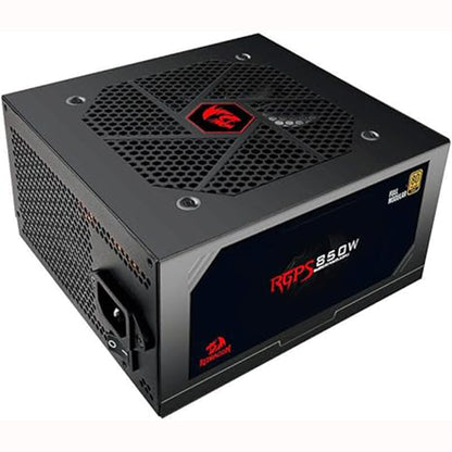 Redragon RGPS 850W power supply in black, displayed from a side angle, highlighting its branding, Voltage, and fan design