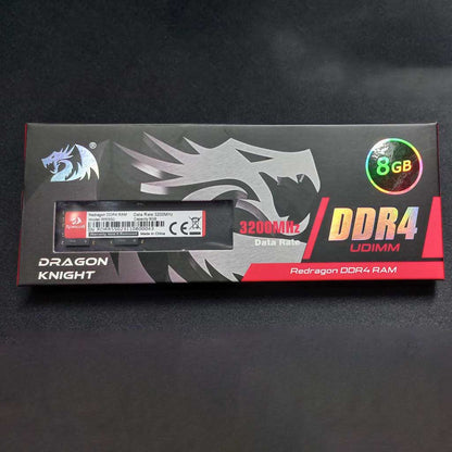 Redragon DDR4 RAM packaging with dragon design on a dark background