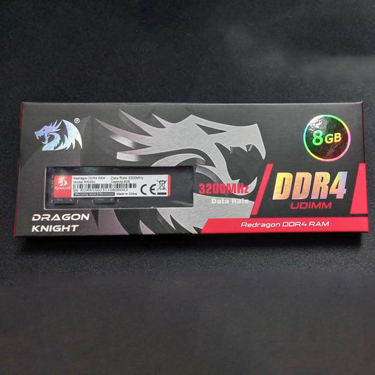 Redragon DDR4 RAM packaging with dragon design on a dark background