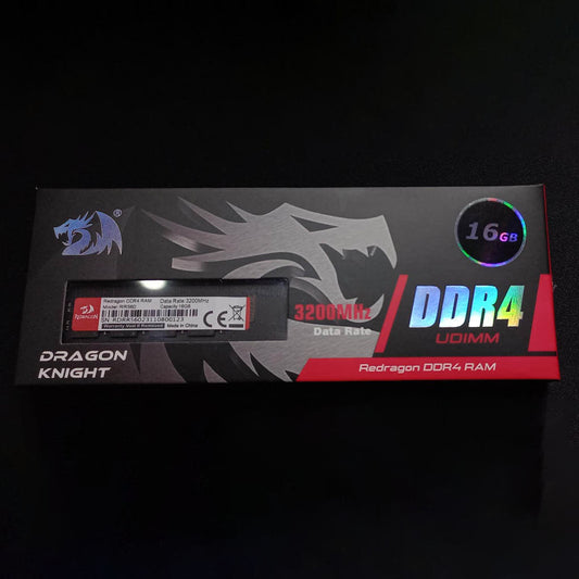 Redragon DDR4 RAM module packaging on a black background