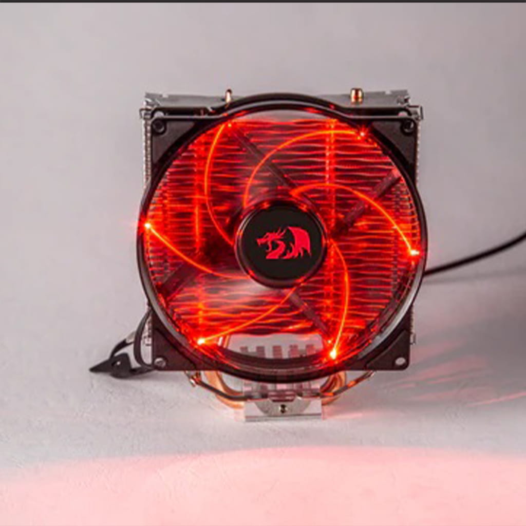 Redragon Reaver CC-1011 computer cooler with glowing red LED fan, featuring a dragon logo in the center. 