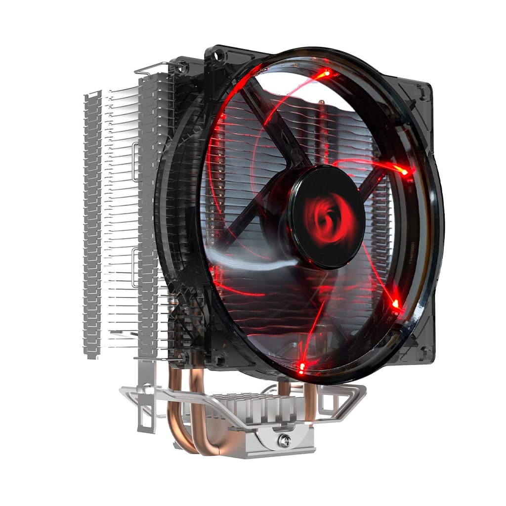 Reaver CC1011 computer CPU cooler with a large fan featuring red LED lights, metal fins, and copper heat pipes, conveying a high-tech, dynamic vibe.