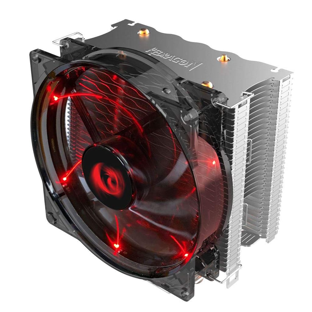 Close-up of a red-lit Redragon Reaver CC1011 cooler with transparent fan & silver heatsink fins, designed for effective heat dissipation