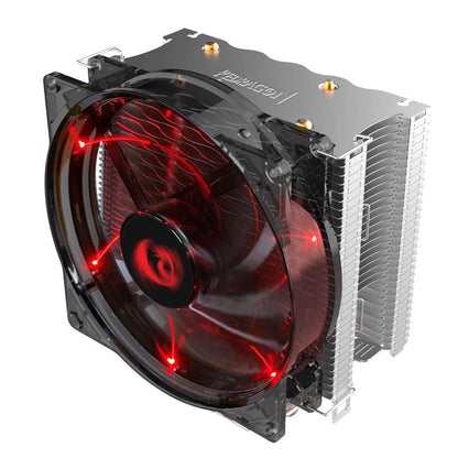 Close-up of a red-lit Redragon Reaver CC1011 cooler with transparent fan & silver heatsink fins, designed for effective heat dissipation