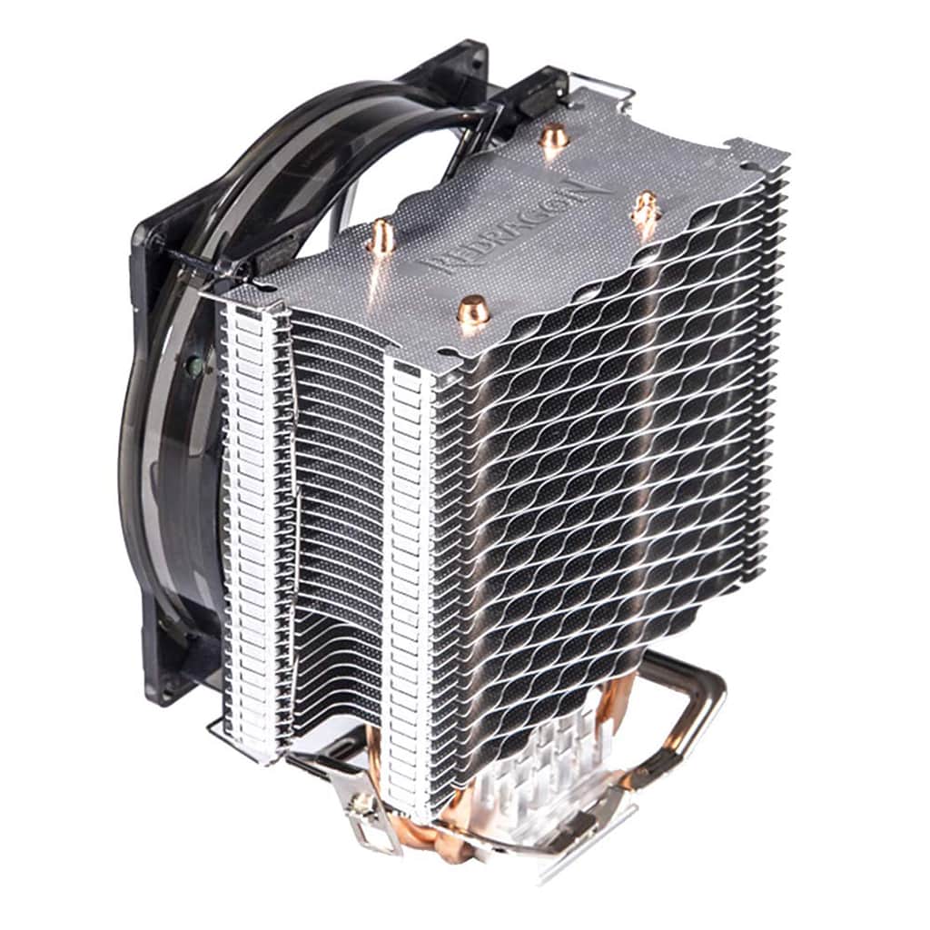 Redragon Reaver CC-1011 detailed CPU cooler with multiple aluminum fins & a black fan, designed for efficient heat dissipation.