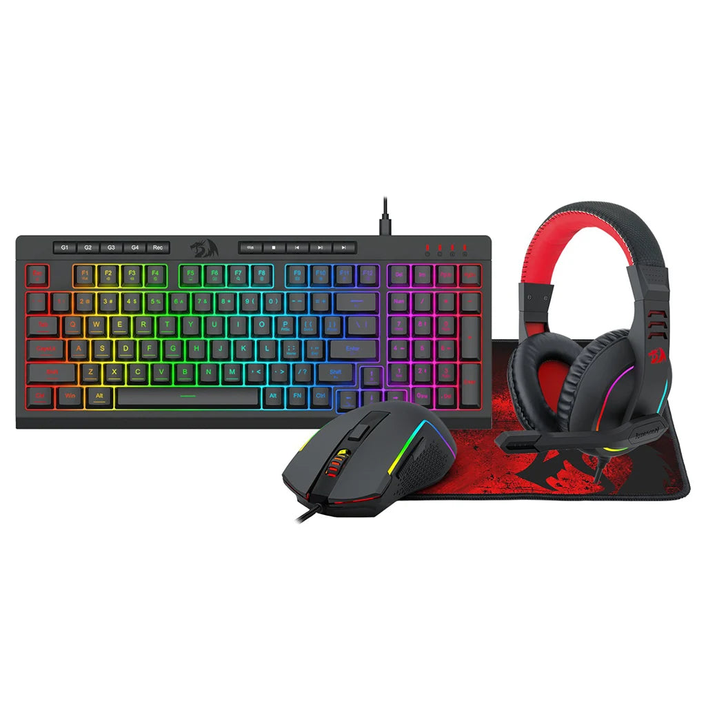 Redragon S148 headset, keyboard, mouse & mousepad 4 in 1 combo set on white background 