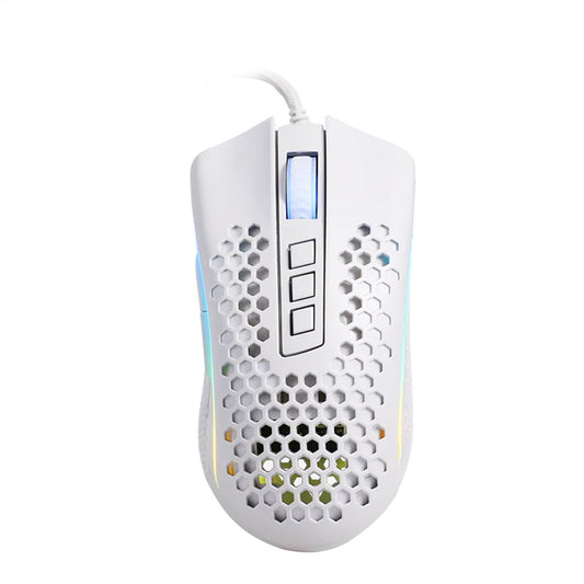 Front view of the Redragon STORM PRO M808 white wired lightweight gaming mouse with honeycomb shell & vibrant RGB lighting