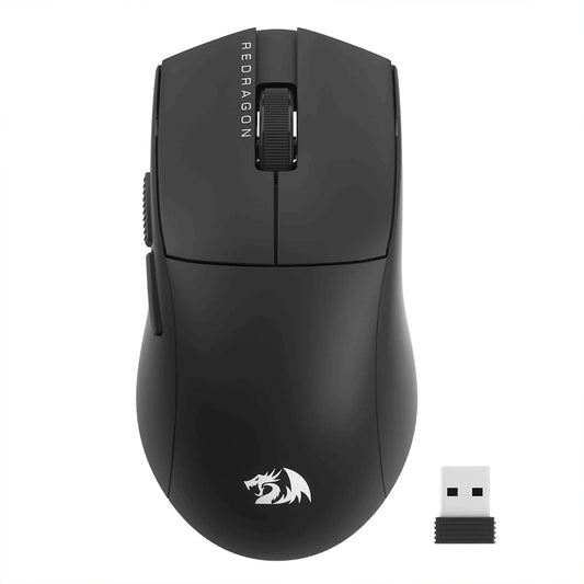 Black gaming mouse with USB receiver on a white background