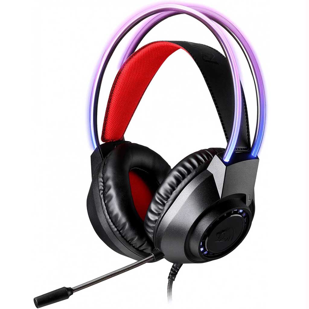 A black h231 wired gaming headset with a red fabric inner headband and multi-color LED lighting around the earcups & the headband