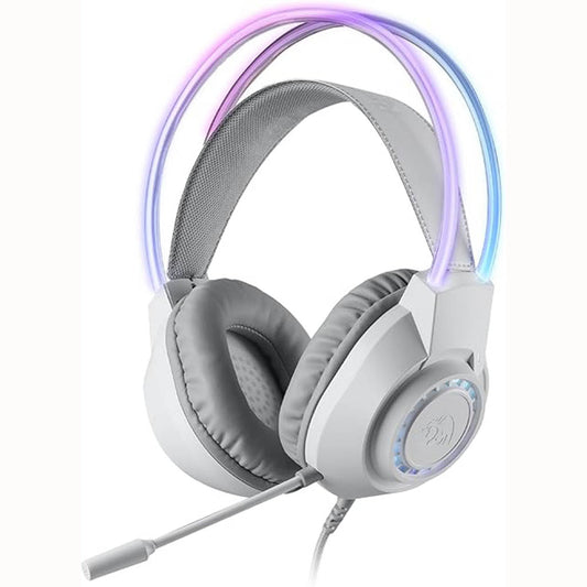 H231 White wired gaming headset with a red fabric inner headband and multi-color LED lighting around the earcups & the headband