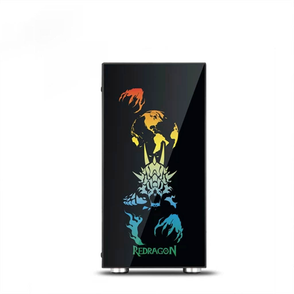 Black gaming PC case with colorful dragon design and Redragon branding on a white background
