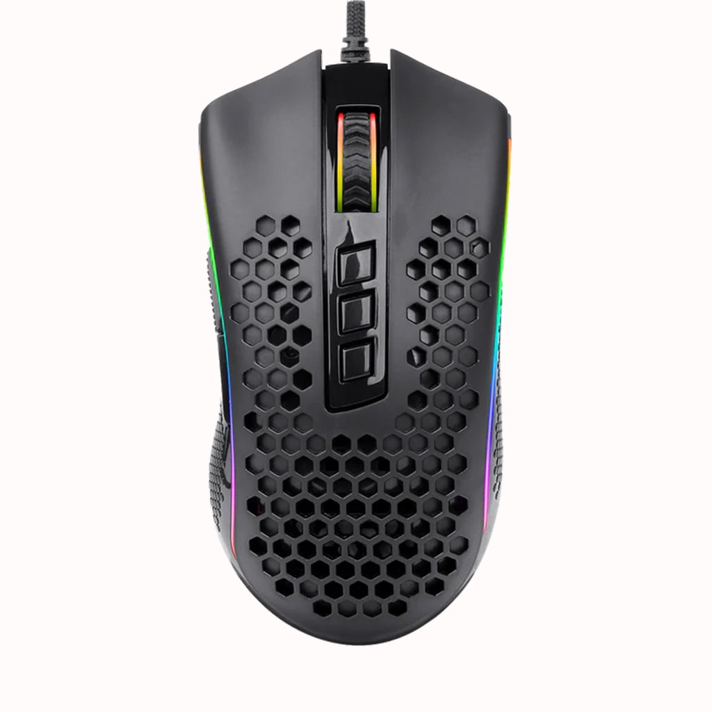 Black Redragon Storm M808 gaming mouse from the front, showing the honeycomb shell, RGB lighting, and cable