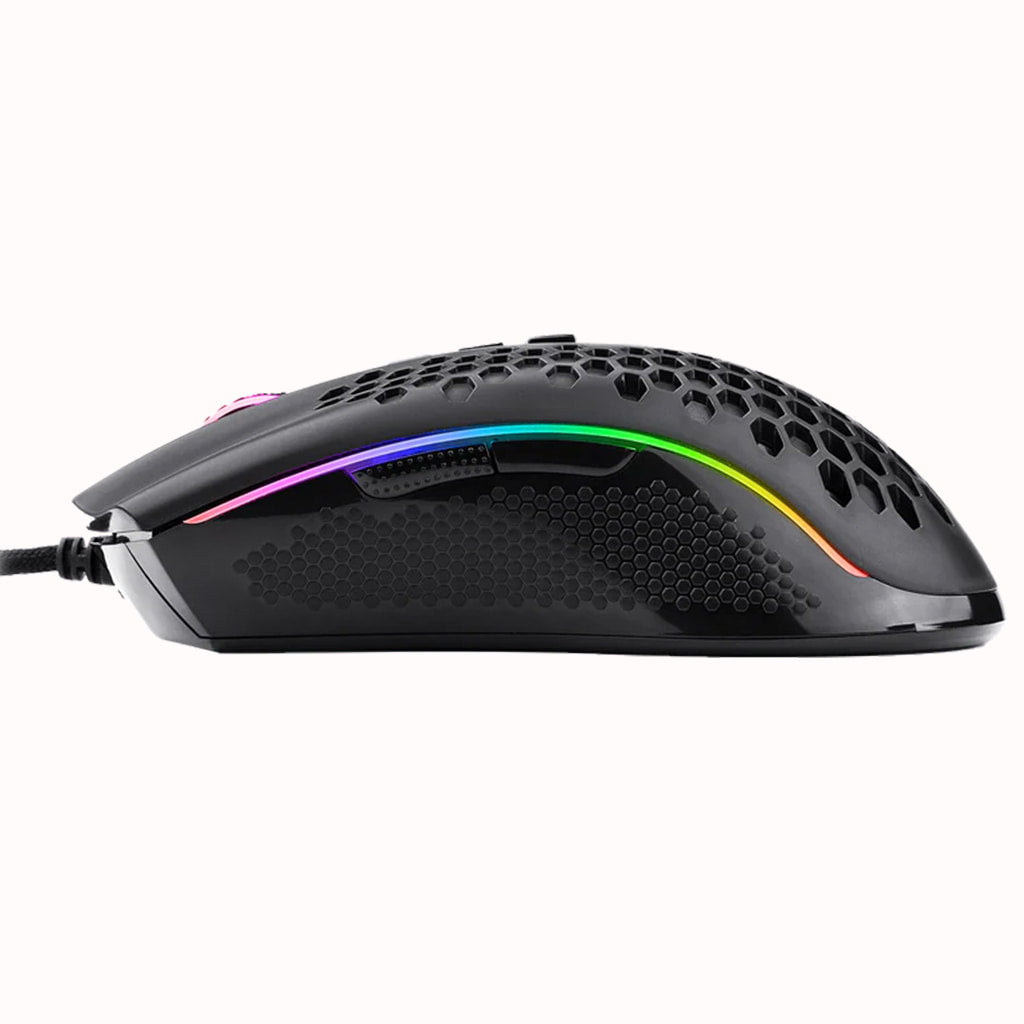 Black Redragon Storm M808 gaming mouse from the side, showing the honeycomb shell, RGB side lighting, and cable