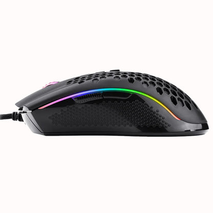 Black Redragon Storm M808 gaming mouse from the side, showing the honeycomb shell, RGB side lighting, and cable